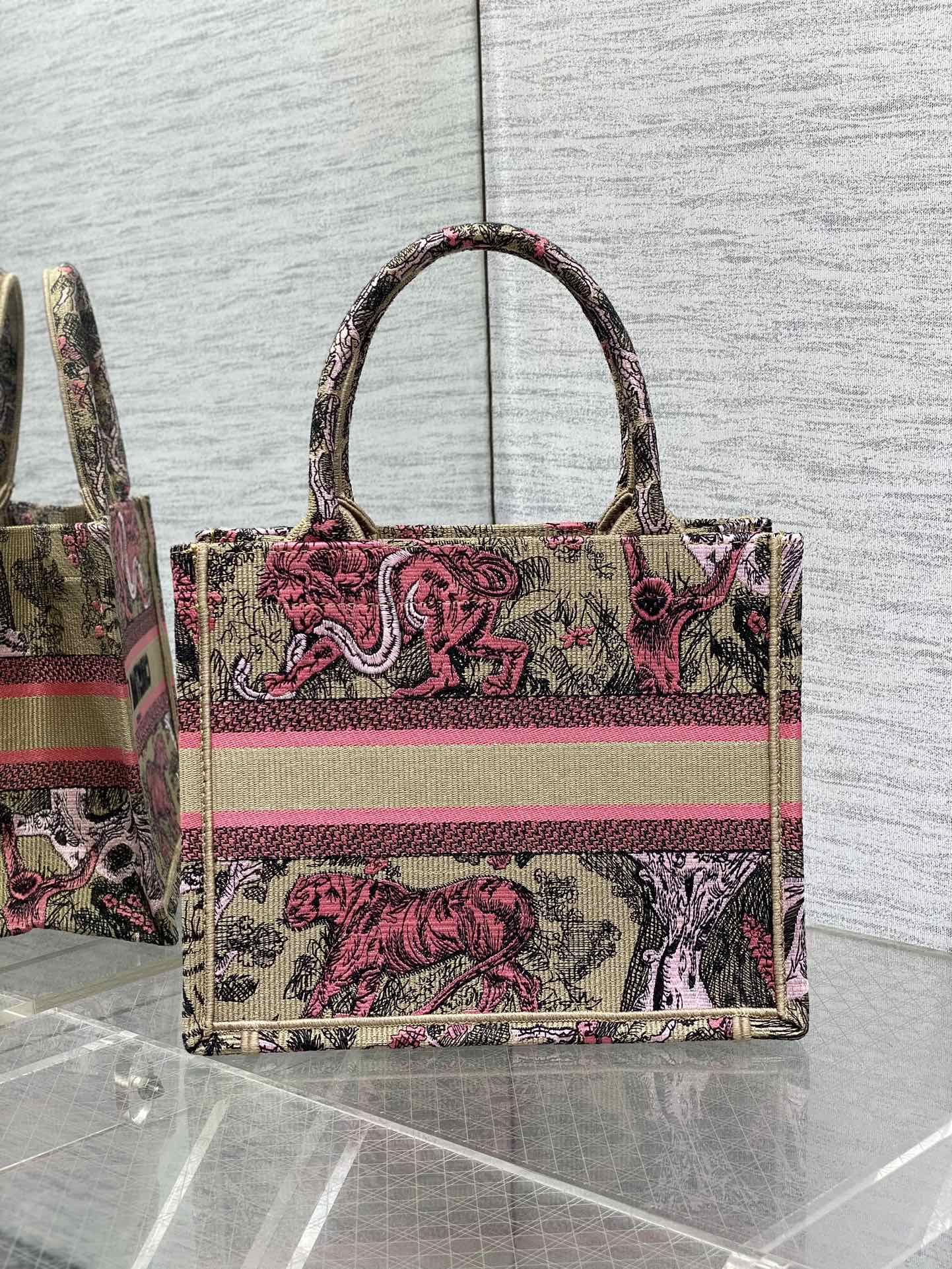 Small Dior Book Tote Bag Raffa with Candy Pink Toile de Jouy Reverse Embroidery